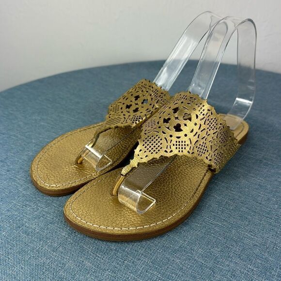 Tory Burch Roselle Metallic Gold Laser Cut Thong Sandals Size 6.5 - Picture 2 of 6